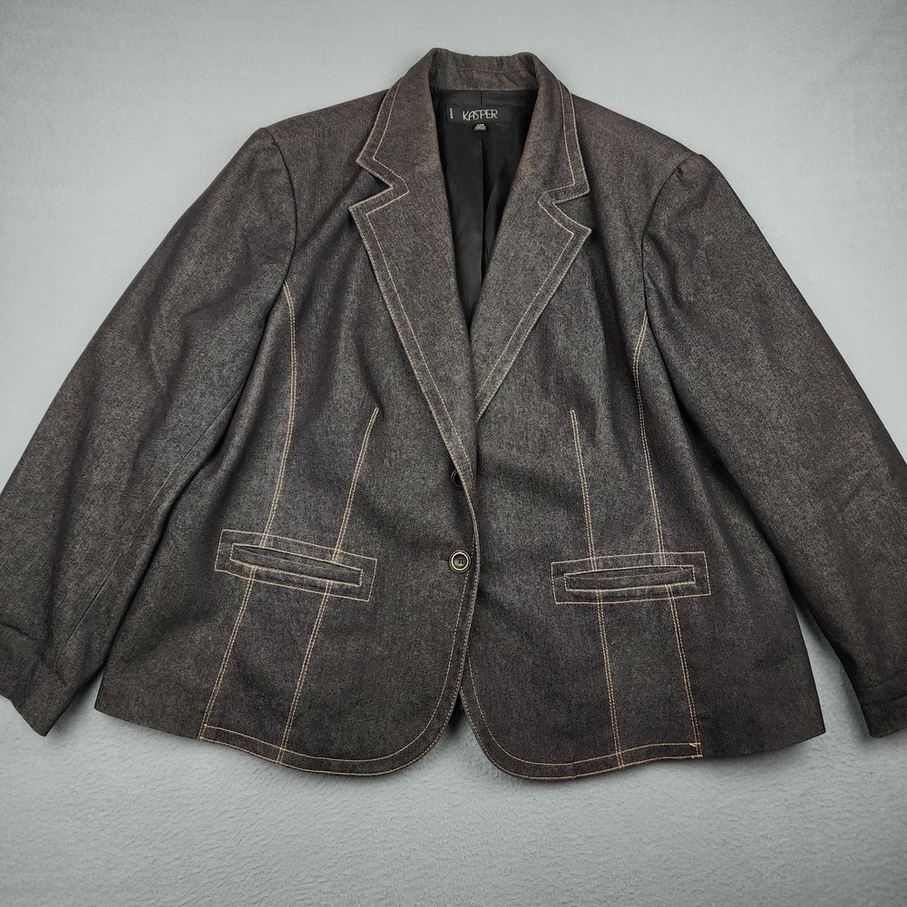 Kasper Blazer Womens 22W Gray Denim One Button Lined Tailored Jacket Workwear